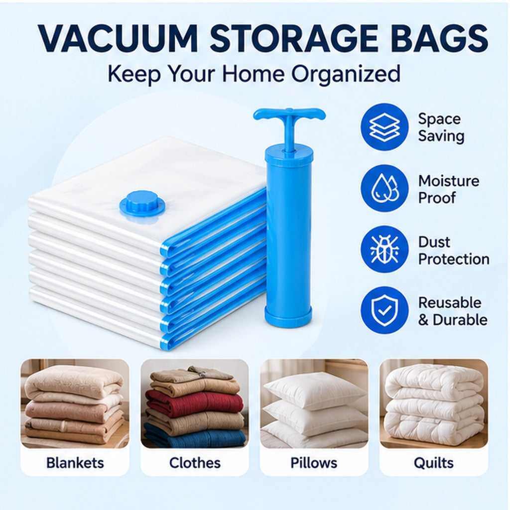 Vacuum Storage Bags with Hand Pump for Clothes, Blankets & Bedding